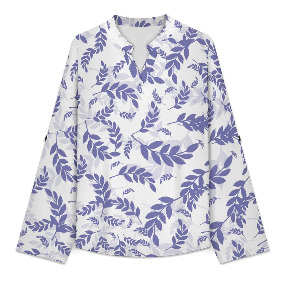 Stand-up Collar Long-sleeved Shirt Purple Leaves, Repeating Pattern white S Women’s V-Neck Blouses