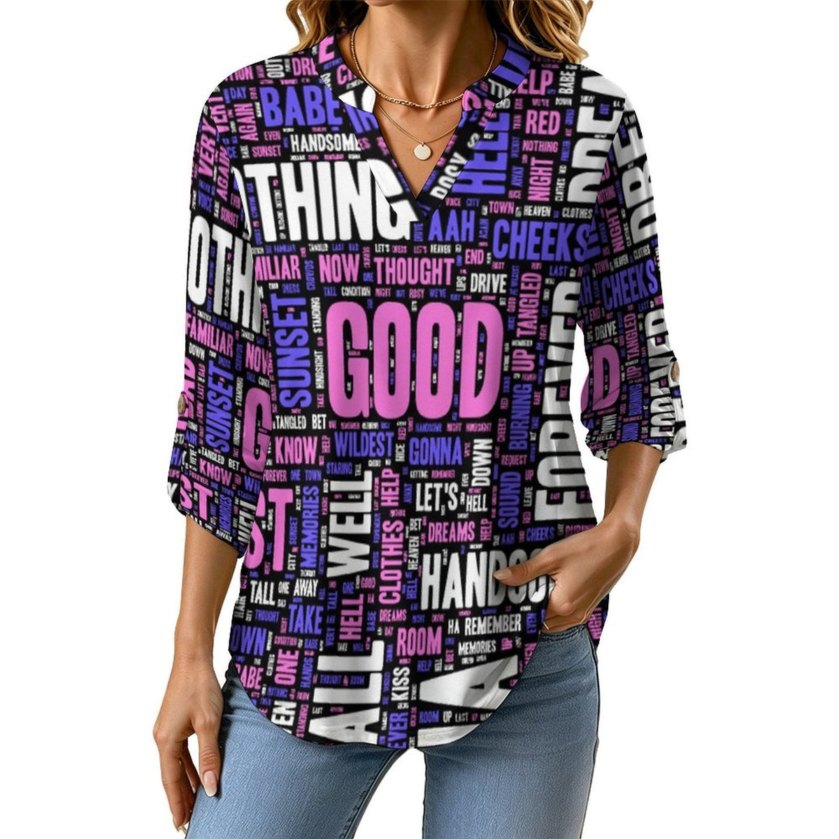 Versatile Notched V-Neck Tunic | Roll Tab 3/4 Sleeve Office Casual Top  Words Pattern Dress