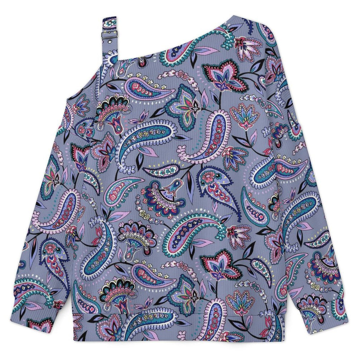 Fall Casual Asymmetric Shoulder Knit Top with Buckle Detail Paisley