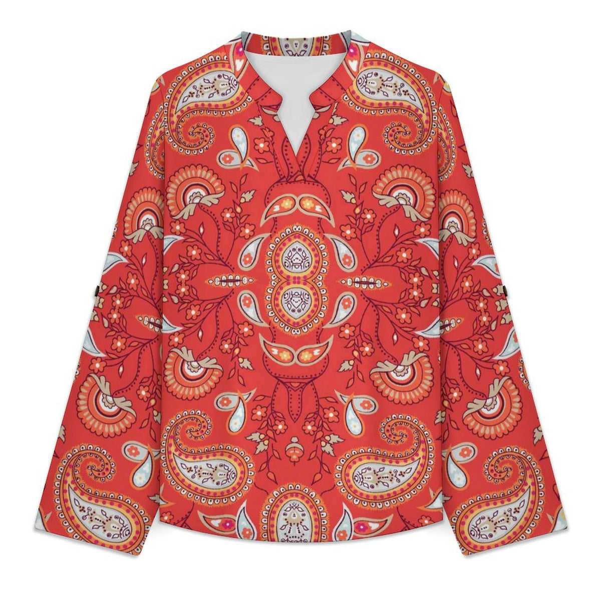 Paisley  Versatile Notched V-Neck Tunic | Roll Tab 3/4 Sleeve Office Casual Top
