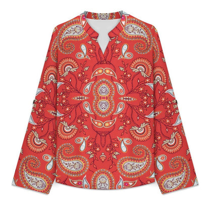 Paisley  Versatile Notched V-Neck Tunic | Roll Tab 3/4 Sleeve Office Casual Top