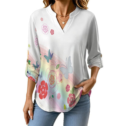 Women's Notched V Neck Tunic Tops, Roll Up 3/4 Sleeve Button Cuff Casual Blouse, Hem Loose Work Shirts  Colored Butterfly