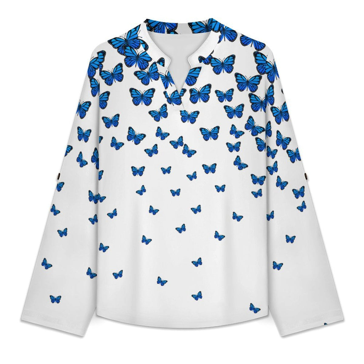 Butterflies, Women's Clothing Roll Tab 3/4 Sleeve Notched V Neck Tunic Blouse
