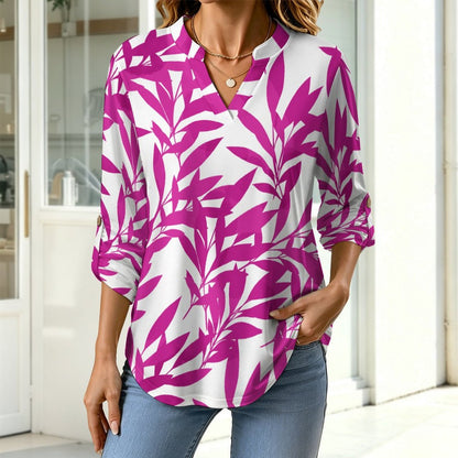 Purple Leaves, Repeating Pattern  Versatile Notched V-Neck Tunic | Roll Tab 3/4 Sleeve Office Casual Top