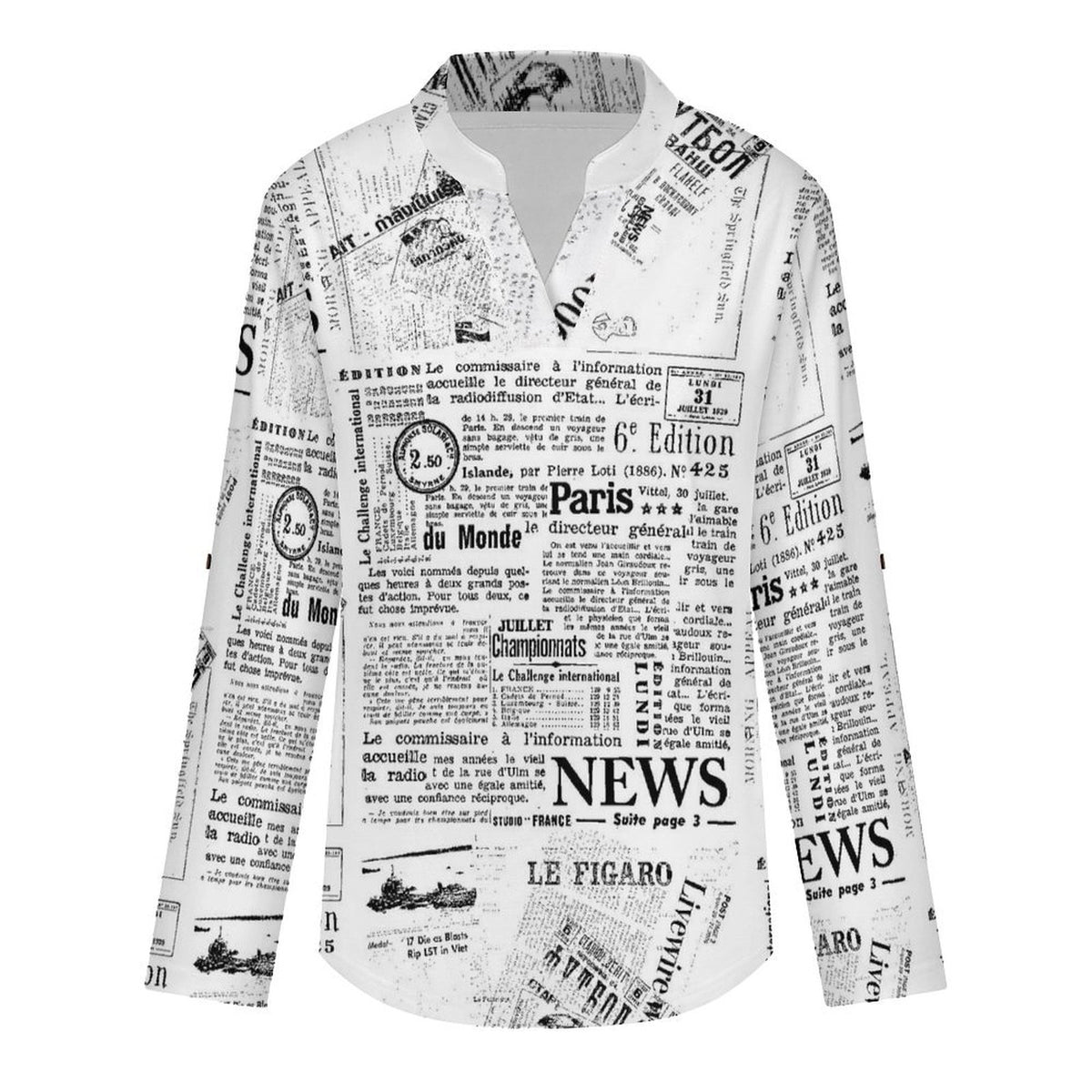 Stand-up Collar Long-sleeved Shirt Newspaper Vintage Dress white S Women’s V-Neck Blouses