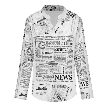 Stand-up Collar Long-sleeved Shirt Newspaper Vintage Dress white S Women’s V-Neck Blouses