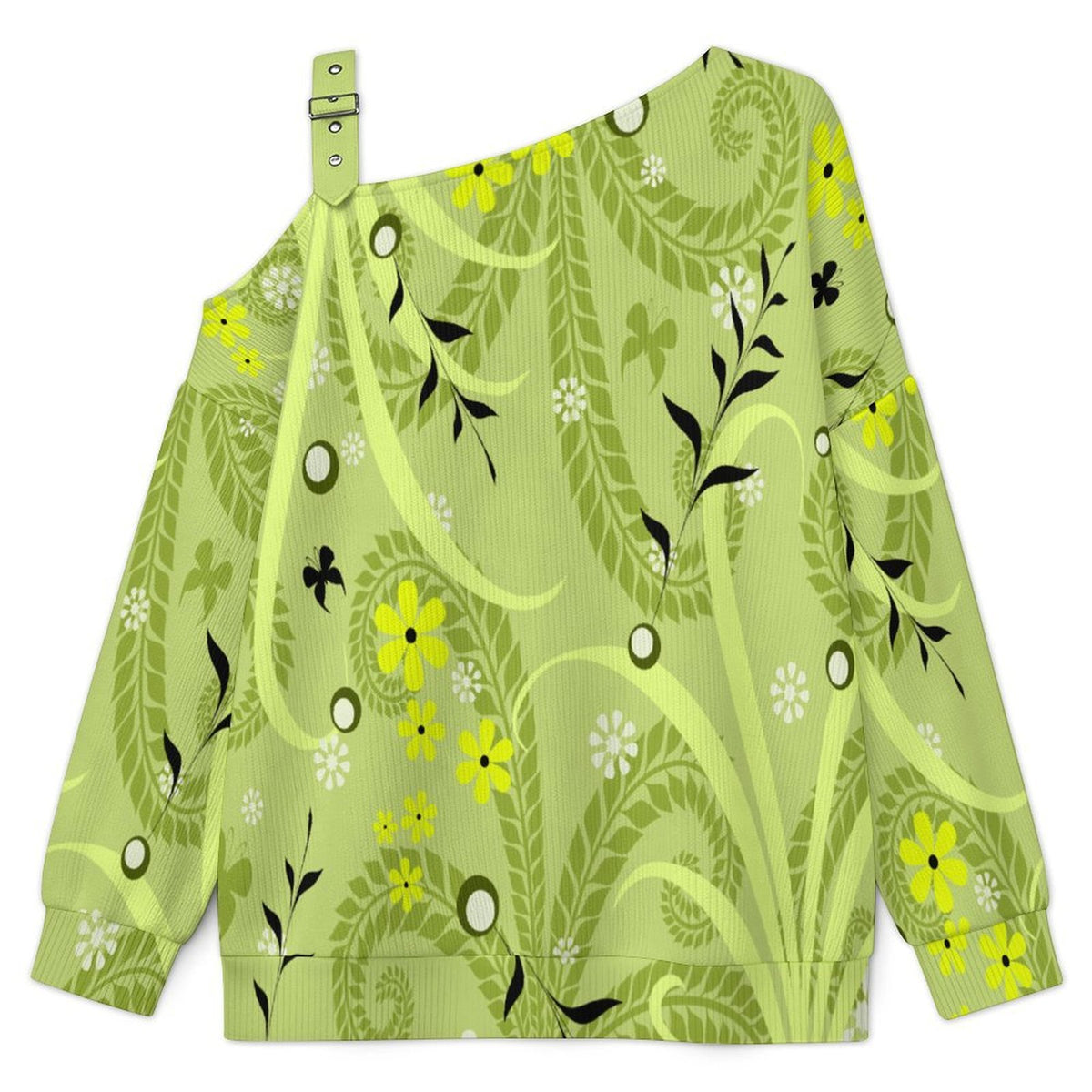 Green Leaf Pattern Buckle Strap Asymmetrical Off Shoulder Knit Sweater