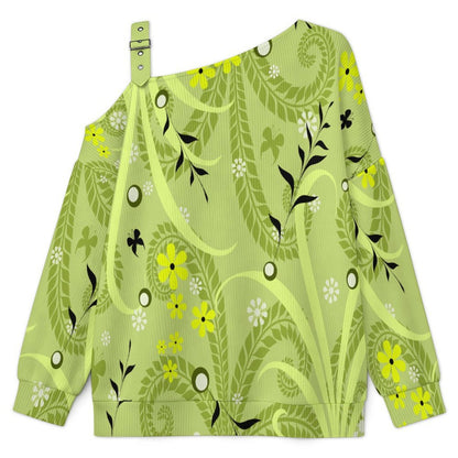 Green Leaf Pattern Buckle Strap Asymmetrical Off Shoulder Knit Sweater