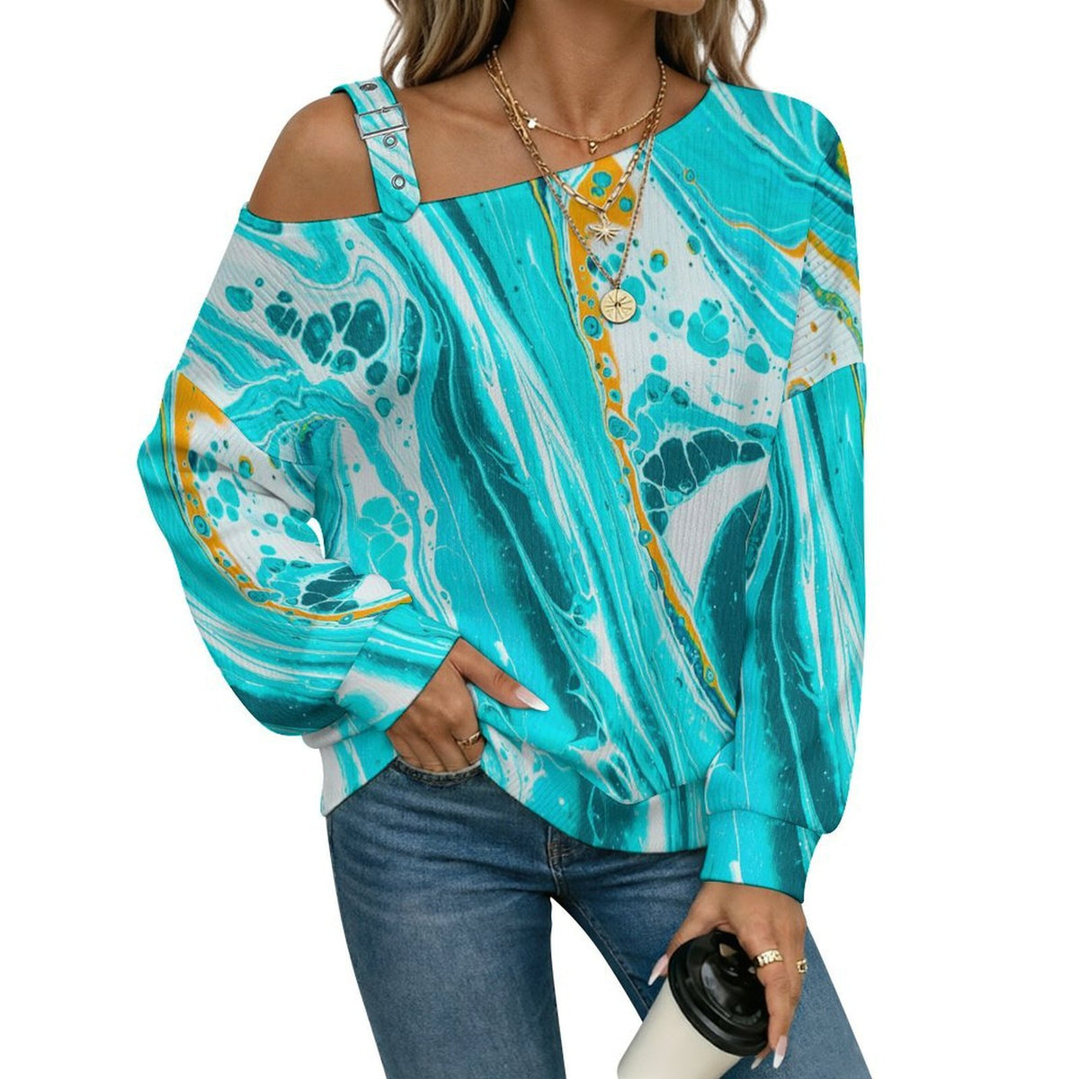 Fall Casual Asymmetric Shoulder Knit Top with Buckle Detail Pattern