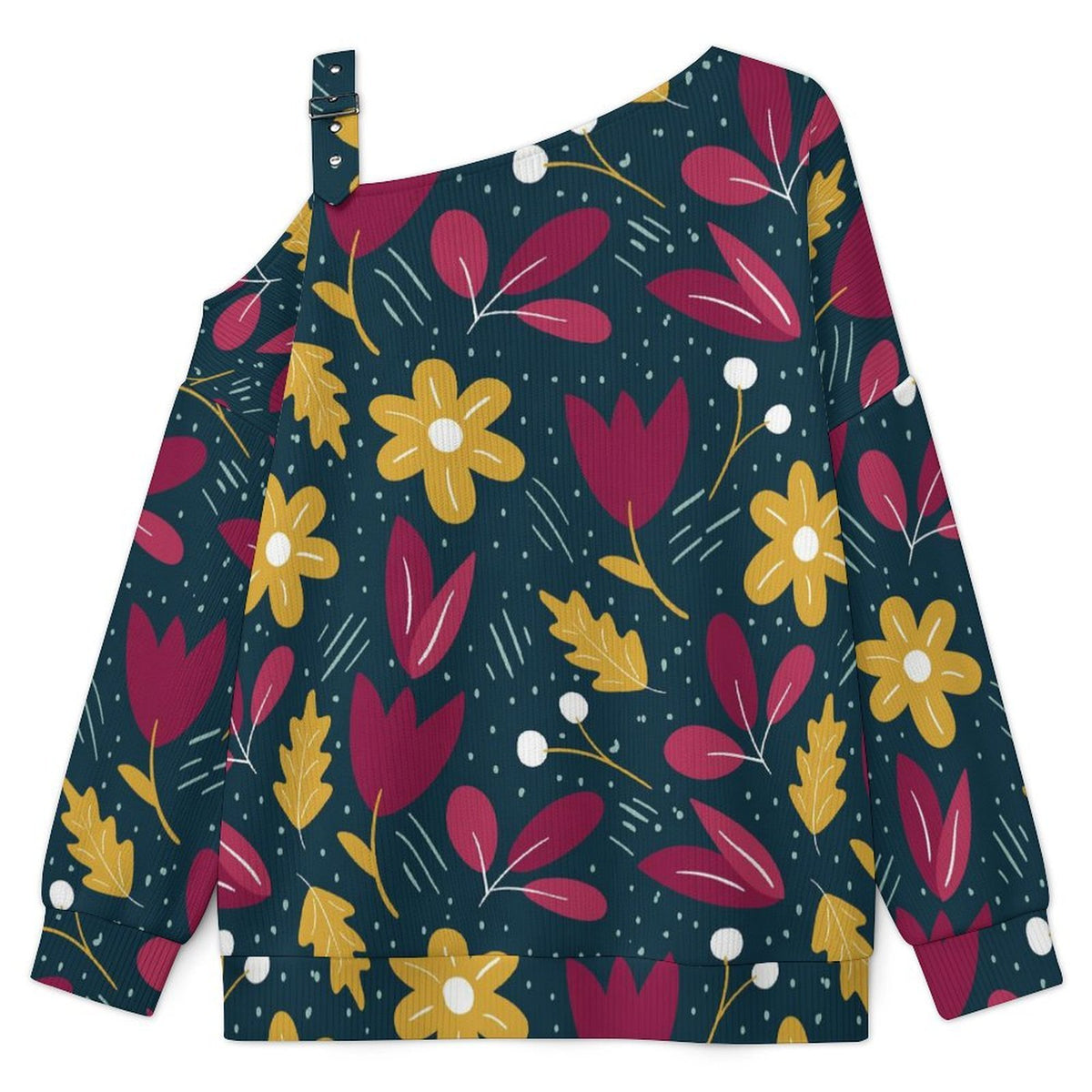 Fall Casual Asymmetric Shoulder Knit Top with Buckle Detail Green Background, Red And Yellow Flowers