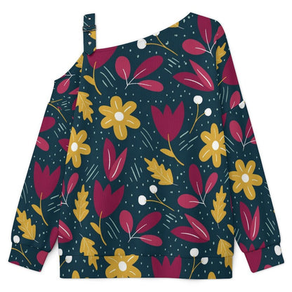 Fall Casual Asymmetric Shoulder Knit Top with Buckle Detail Green Background, Red And Yellow Flowers