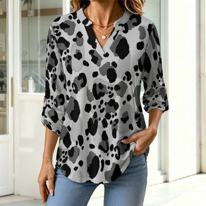 Versatile Notched V-Neck Tunic  Roll Tab 3/4 Sleeve Office Casual Top  Leopard Print, Repeating Pattern