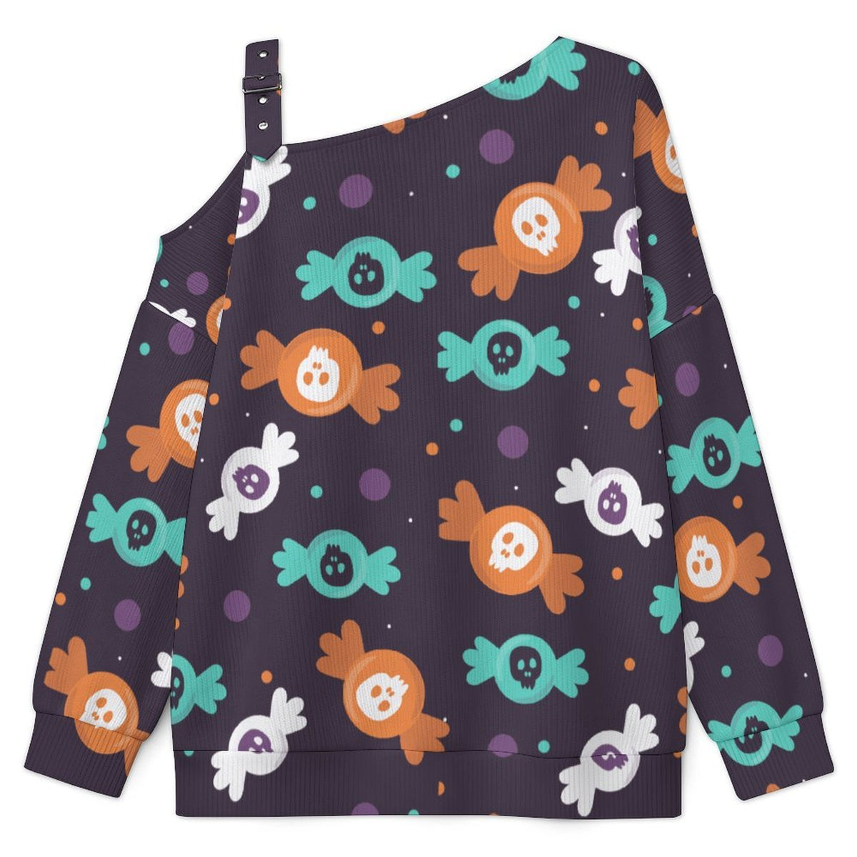Fall Casual Asymmetric Shoulder Knit Top with Buckle Detail Skeletons, Candy, Patterns
