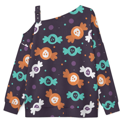 Fall Casual Asymmetric Shoulder Knit Top with Buckle Detail Skeletons, Candy, Patterns