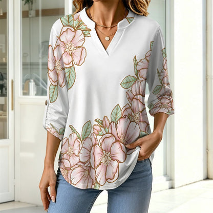 Flowers  Versatile Notched V-Neck Tunic | Roll Tab 3/4 Sleeve Office Casual Top