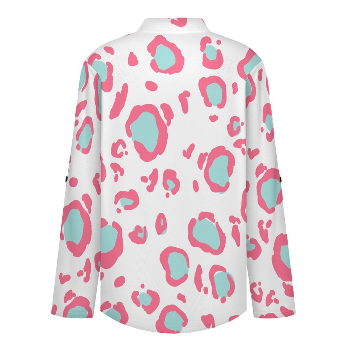 Pink Leopard Print  Women Curved Hem V Neck Roll Sleeve Casual Work Top