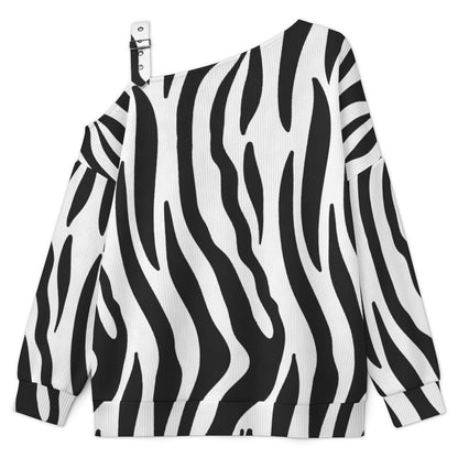 Black Zebra Pattern Fall Casual Asymmetric Shoulder Knit Top with Buckle Detail