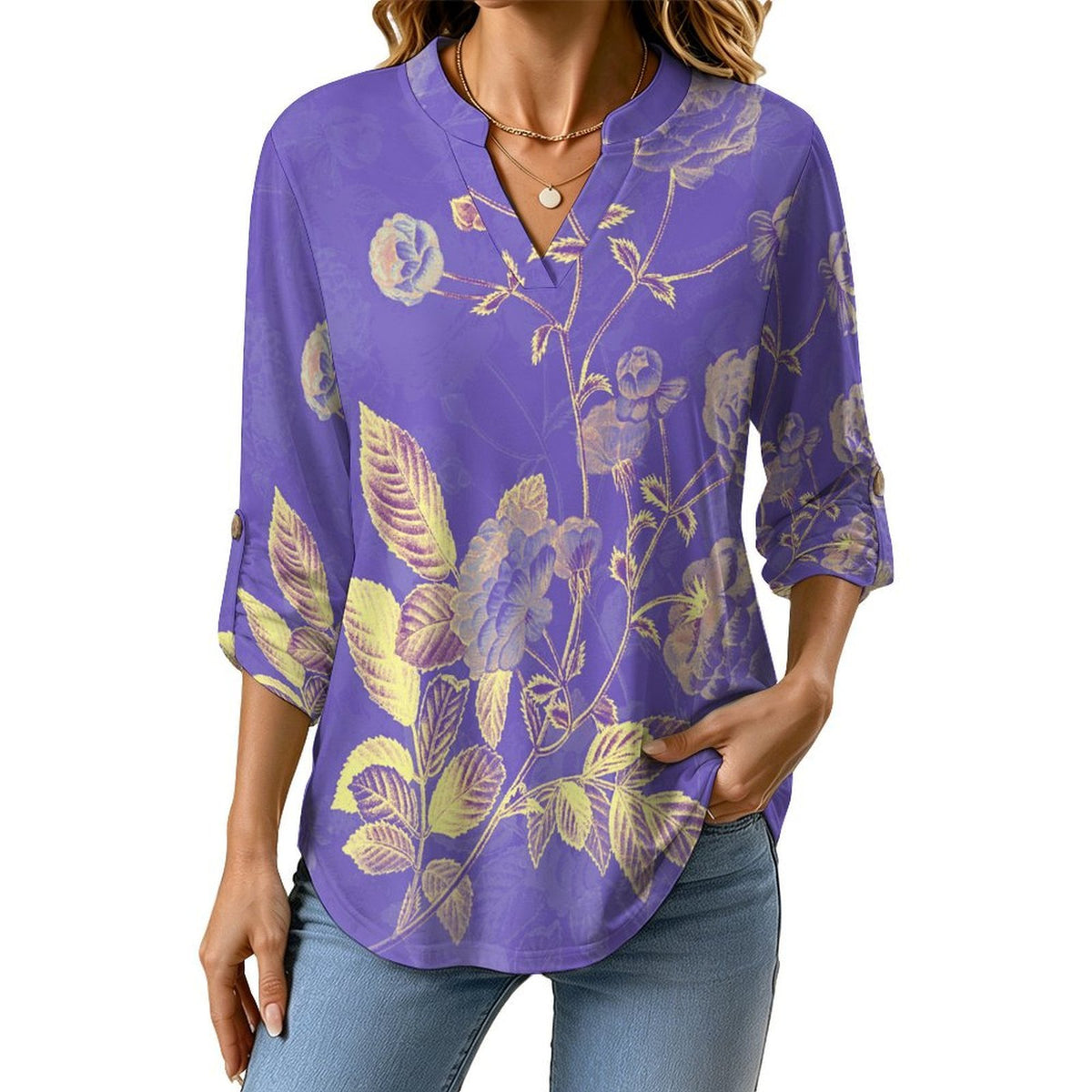 Women's Notched V Neck Tunic Tops, Roll Up 3/4 Sleeve Button Cuff Casual Blouse, Hem Loose Work Shirts Purple, Chinese Style, Flower Pattern