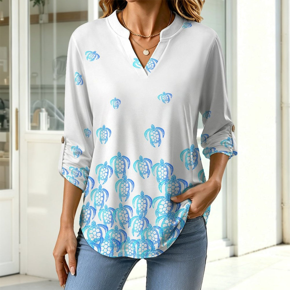 Blue Turtle Dress  Versatile Notched V-Neck Tunic | Roll Tab 3/4 Sleeve Office Casual Top