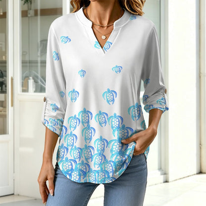 Blue Turtle Dress  Versatile Notched V-Neck Tunic | Roll Tab 3/4 Sleeve Office Casual Top