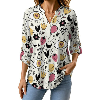 Strawberries, Flowers, Love  Versatile Notched V-Neck Tunic | Roll Tab 3/4 Sleeve Office Casual Top