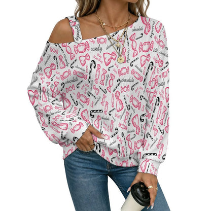Pink Candy, Chocolate Buckle Strap Asymmetrical Off Shoulder Knit Sweater
