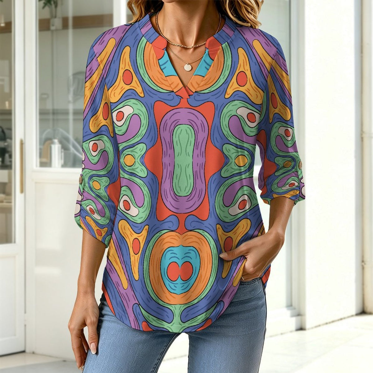 Women's Notched V Neck Tunic Tops, Roll Up 3/4 Sleeve Button Cuff Casual Blouse, Hem Loose Work Shirts Repetitive Pattern