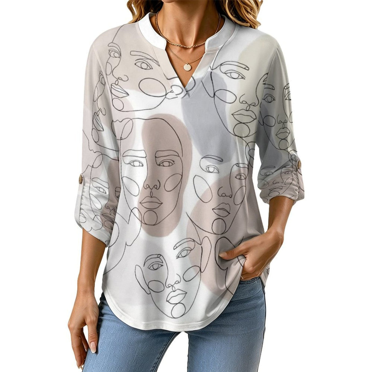 Character Line Design Roll Tab 3/4 Sleeve Notched V Neck Tunic Blouse