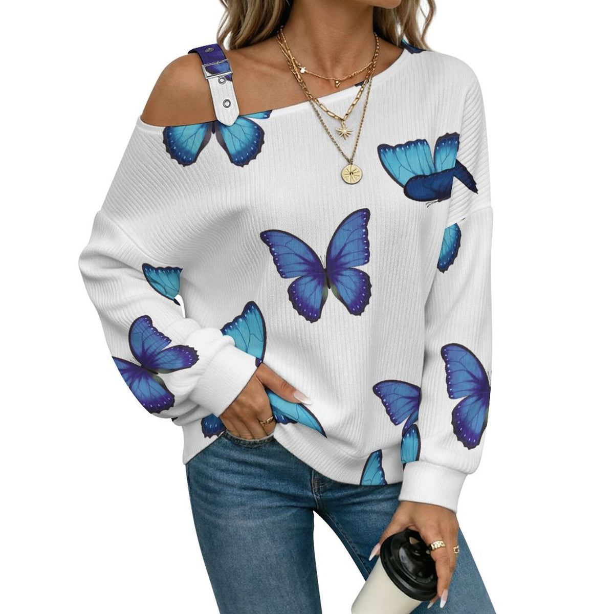Off-the-shoulder Sweater Blue Morpho Butterfly Tile Decorative Pattern  Asymmetric Cold Shoulder Knit Sweater for Women, Adjustable Buckle Strap Long Sleeve Casual Slouchy Pullover