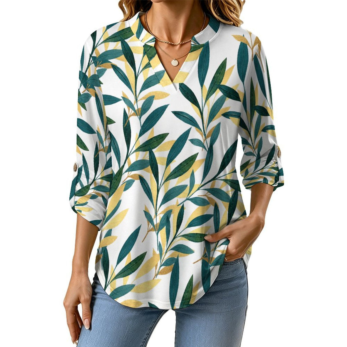 Stand-up Collar Long-sleeved Shirt Leaves, Gold, Repeating Pattern  Customization Women’s V-Neck Blouses,long Sleeve,Roll-Up Sleeve Shirt