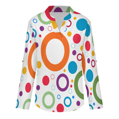 Stand-up Collar Long-sleeved Shirt Color Circle Background  Customization Women’s V-Neck Blouses,long Sleeve,Roll-Up Sleeve Shirt
