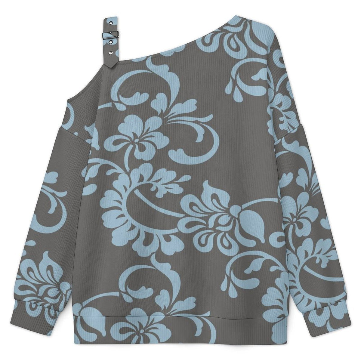 Off-the-shoulder Sweater European Retro Pattern  Asymmetric Cold Shoulder Knit Sweater for Women, Adjustable Buckle Strap Long Sleeve Casual Slouchy Pullover
