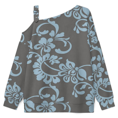 Off-the-shoulder Sweater European Retro Pattern  Asymmetric Cold Shoulder Knit Sweater for Women, Adjustable Buckle Strap Long Sleeve Casual Slouchy Pullover