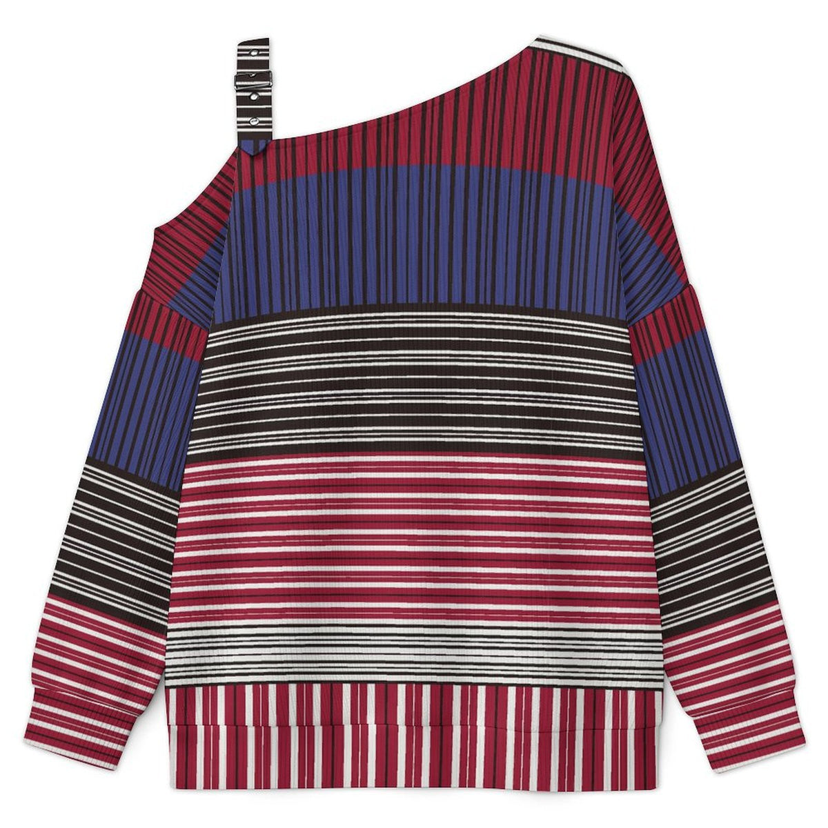 Off-the-shoulder Sweater Fashion Stripe  Asymmetric Cold Shoulder Knit Sweater for Women, Adjustable Buckle Strap Long Sleeve Casual Slouchy Pullover