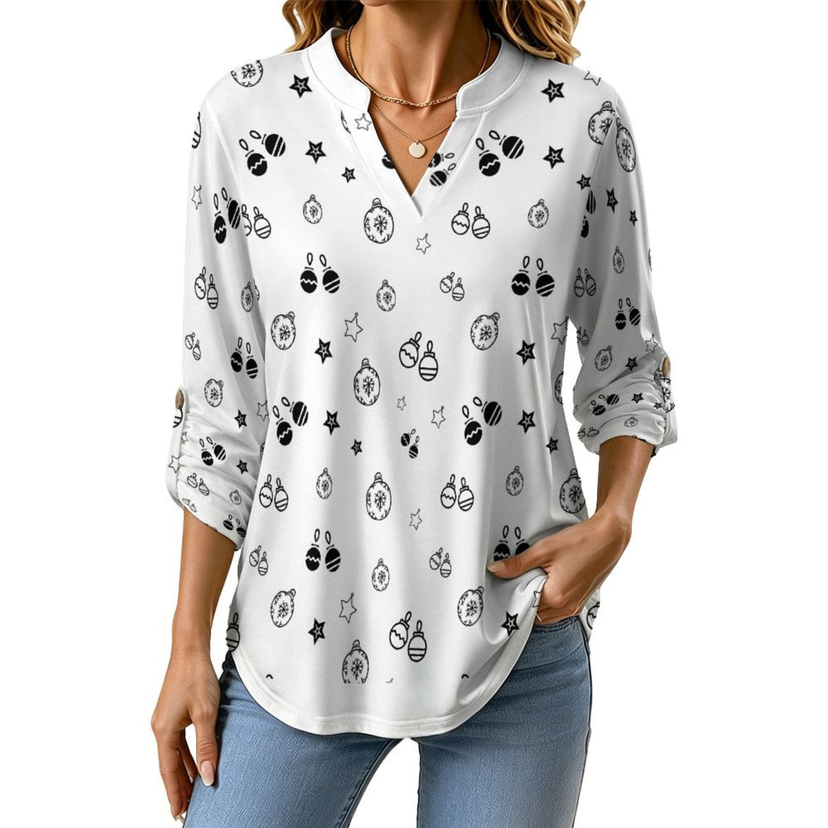 Stand-up Collar Long-sleeved Shirt Black And White, Stars, Bells  Customization Women’s V-Neck Blouses,long Sleeve,Roll-Up Sleeve Shirt