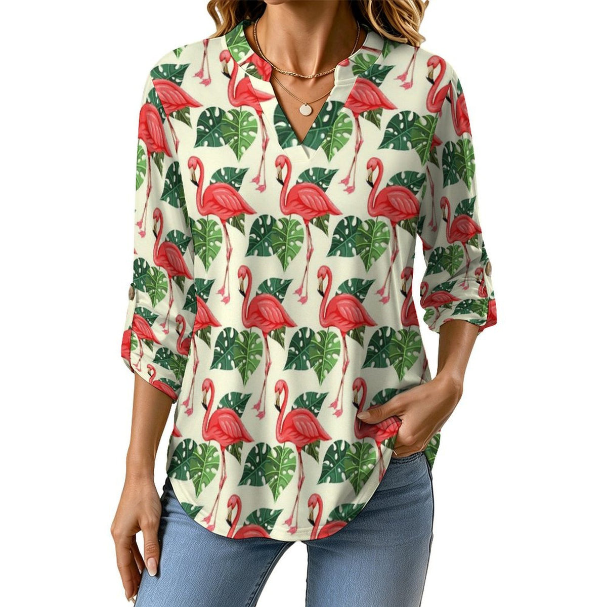 Women's Notched V Neck Tunic Tops, Roll Up 3/4 Sleeve Button Cuff Casual Blouse, Hem Loose Work Shirts Flamingo, Repeating Pattern