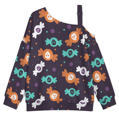 Fall Casual Asymmetric Shoulder Knit Top with Buckle Detail Skeletons, Candy, Patterns
