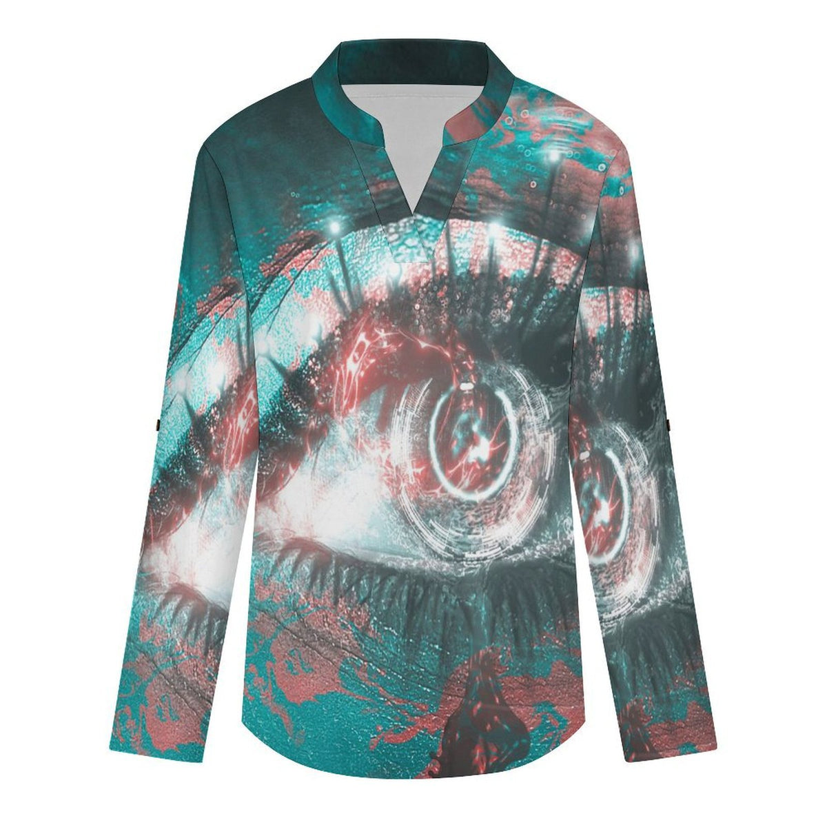 Stand-up Collar Long-sleeved Shirt Blue, Eyes, Abstract Painting  Customization Women’s V-Neck Blouses,long Sleeve,Roll-Up Sleeve Shirt