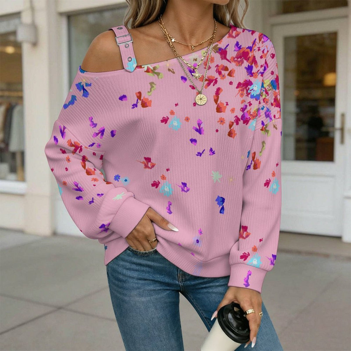 Off-the-shoulder Sweater Floral Pattern  Asymmetric Cold Shoulder Knit Sweater for Women, Adjustable Buckle Strap Long Sleeve Casual Slouchy Pullover