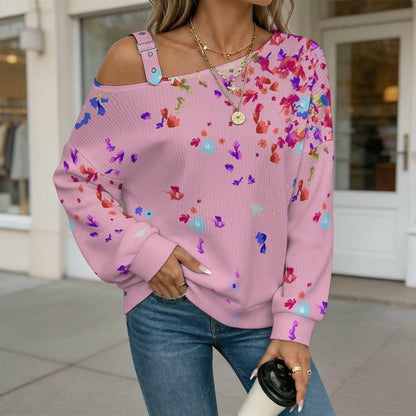 Off-the-shoulder Sweater Floral Pattern  Asymmetric Cold Shoulder Knit Sweater for Women, Adjustable Buckle Strap Long Sleeve Casual Slouchy Pullover