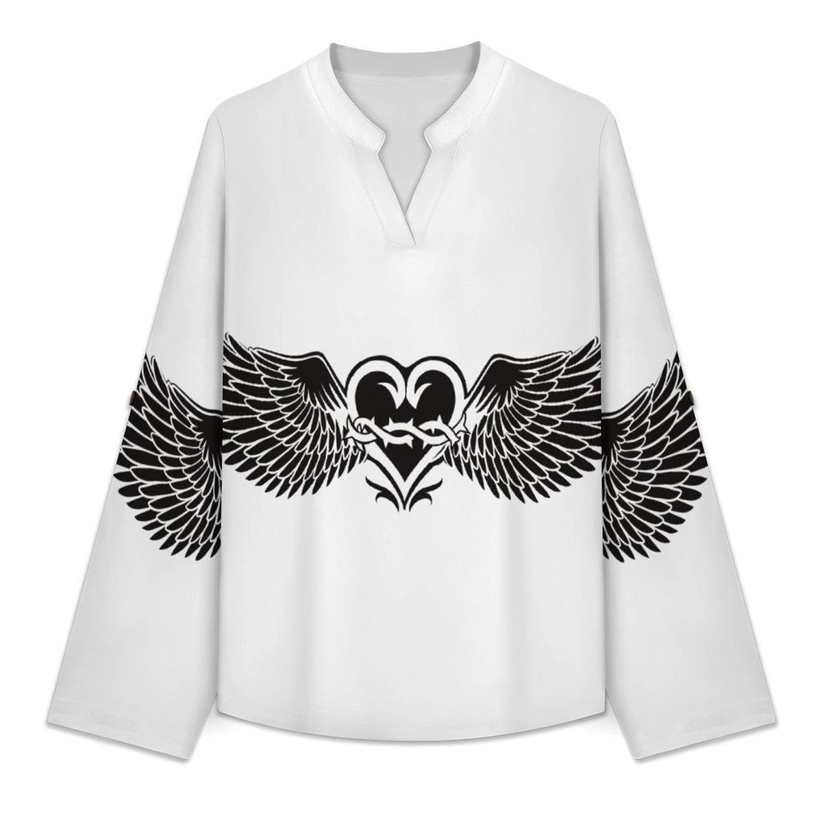 Stand-up Collar Long-sleeved Shirt Heart Shape, Wings  Customization Women’s V-Neck Blouses,long Sleeve,Roll-Up Sleeve Shirt