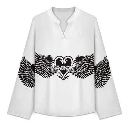 Stand-up Collar Long-sleeved Shirt Heart Shape, Wings  Customization Women’s V-Neck Blouses,long Sleeve,Roll-Up Sleeve Shirt