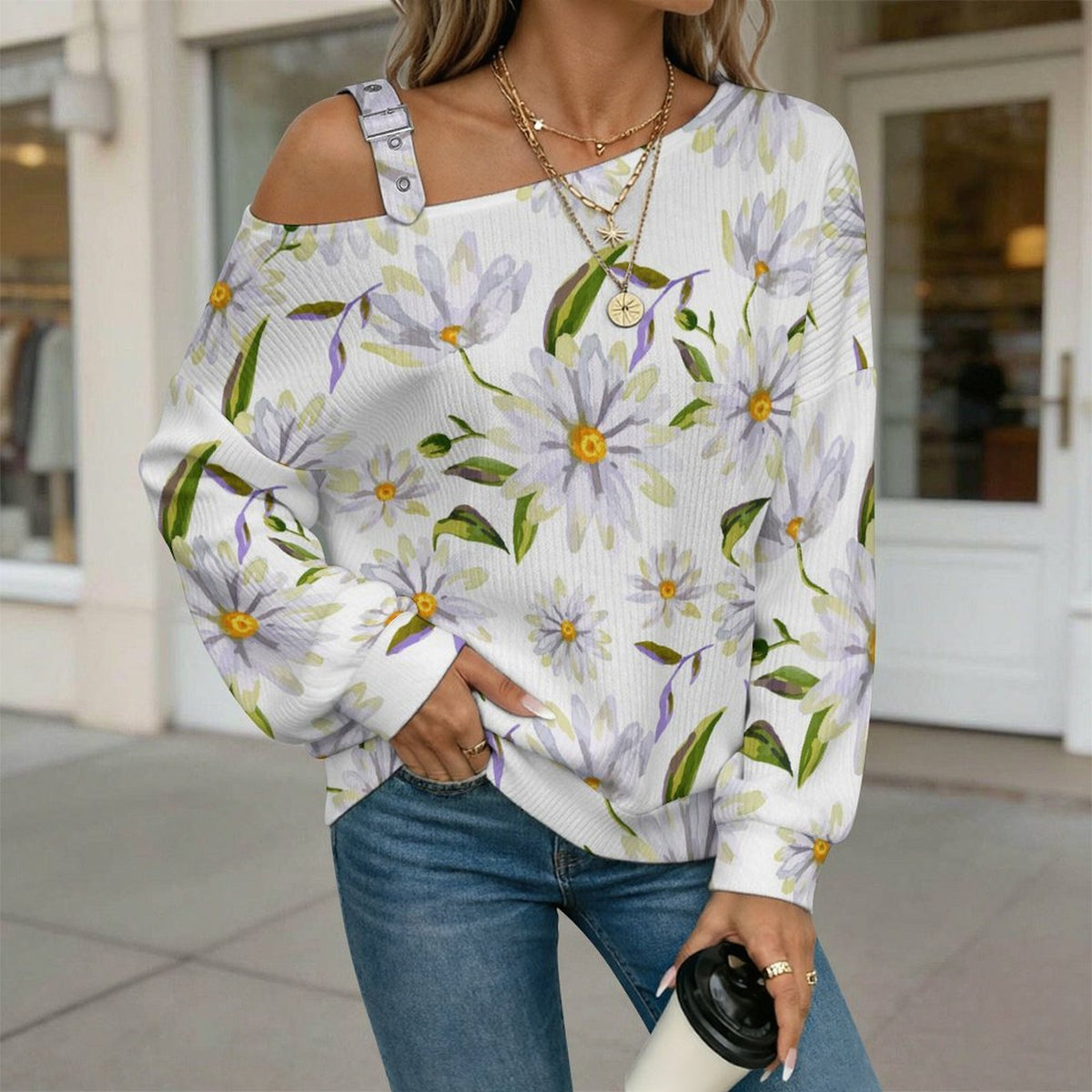 Off-the-shoulder Sweater Elegant Purple Flowers, Pattern Design  Asymmetric Cold Shoulder Knit Sweater for Women, Adjustable Buckle Strap Long Sleeve Casual Slouchy Pullover