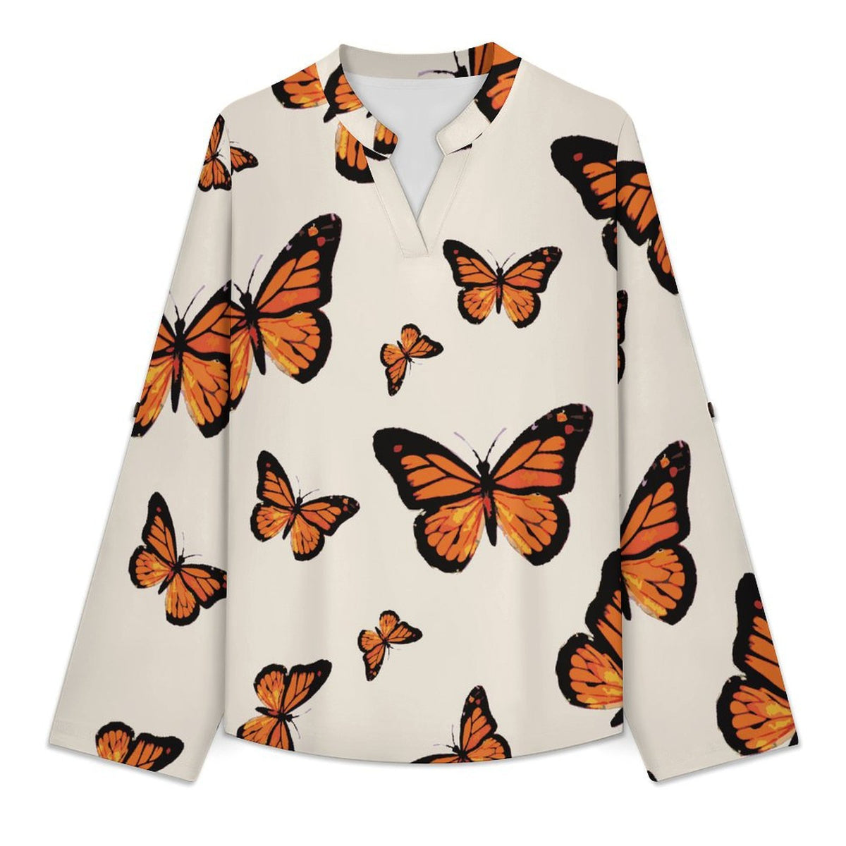 Stand-up Collar Long-sleeved Shirt Butterfly Orange Patterned Women's Dress  Customization Women’s V-Neck Blouses,long Sleeve,Roll-Up Sleeve Shirt