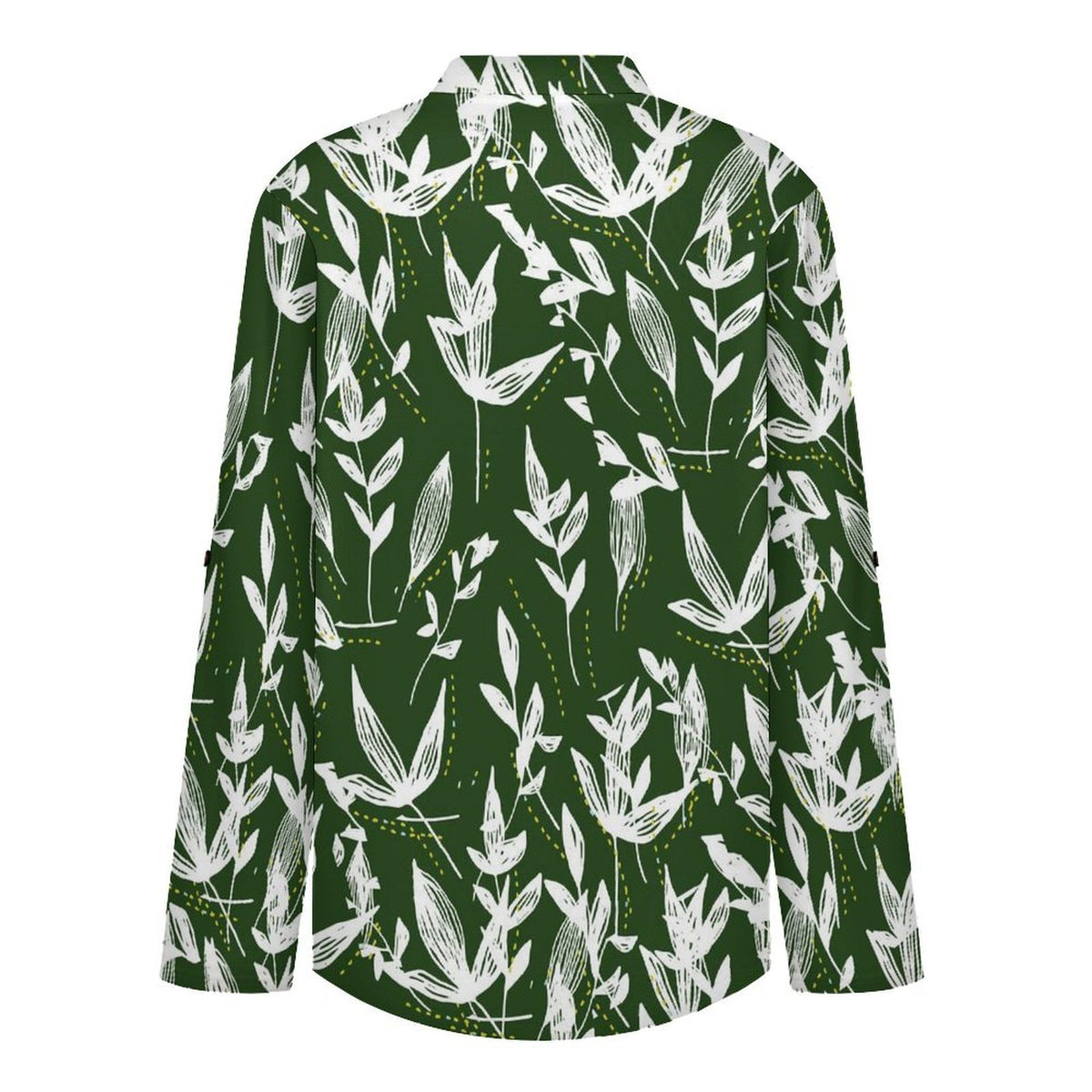 Stand-up Collar Long-sleeved Shirt Green Leaf Pattern  Customization Women’s V-Neck Blouses,long Sleeve,Roll-Up Sleeve Shirt