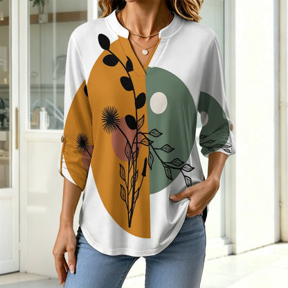 Stand-up Collar Long-sleeved Shirt Chinese Wind Scenery  Customization Women’s V-Neck Blouses,long Sleeve,Roll-Up Sleeve Shirt