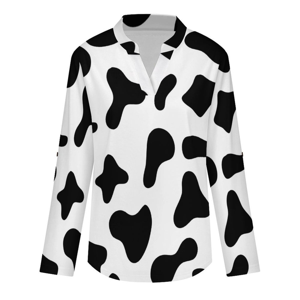 Stand-up Collar Long-sleeved Shirt Cow, Black And White