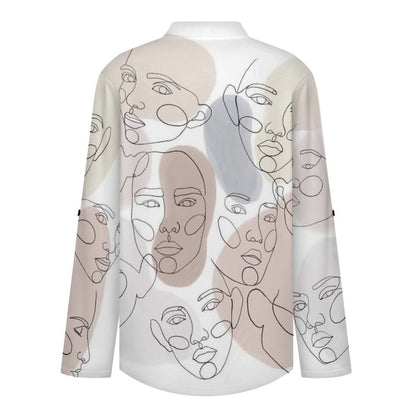 Character Line Design Roll Tab 3/4 Sleeve Notched V Neck Tunic Blouse