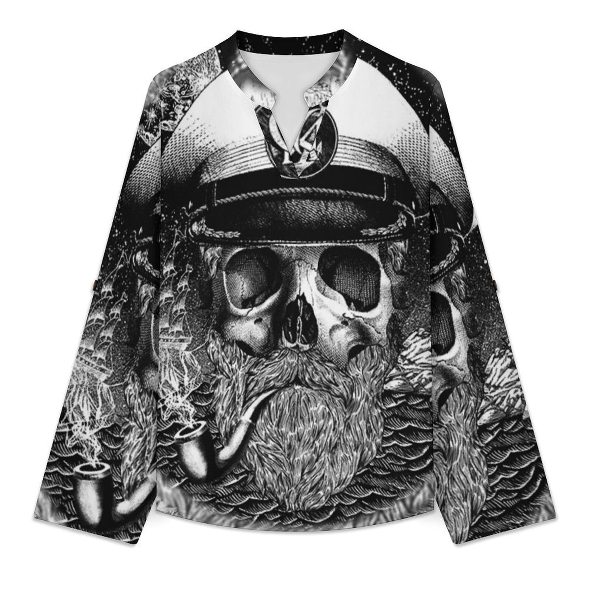 Pirate Captain Skull  Versatile Notched V-Neck Tunic | Roll Tab 3/4 Sleeve Office Casual Top