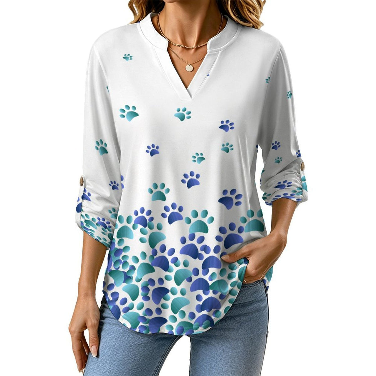 Dog Footprints Dress Blue  Versatile Notched V-Neck Tunic | Roll Tab 3/4 Sleeve Office Casual Top